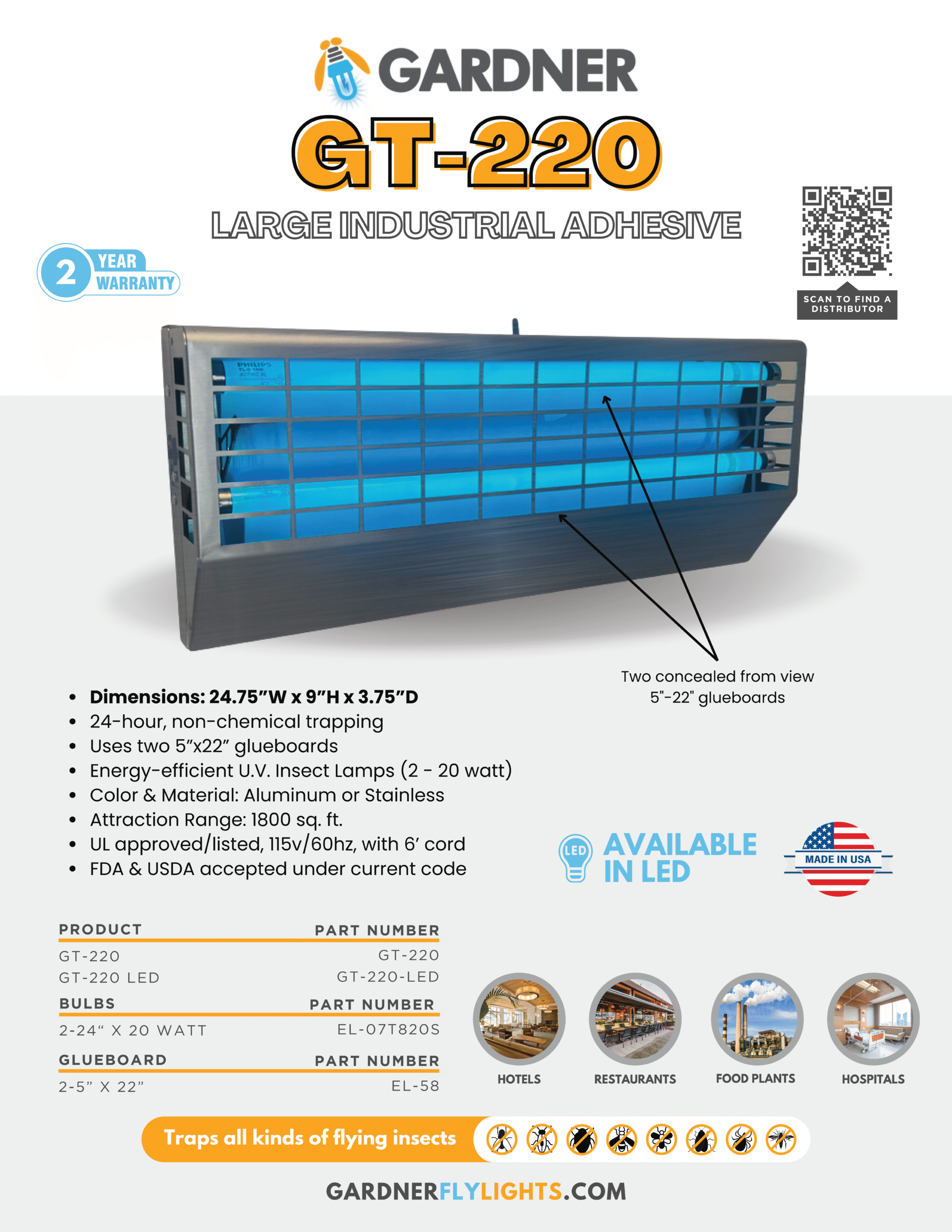 GT-220 industrial fly light trap with UV bulbs and glueboards